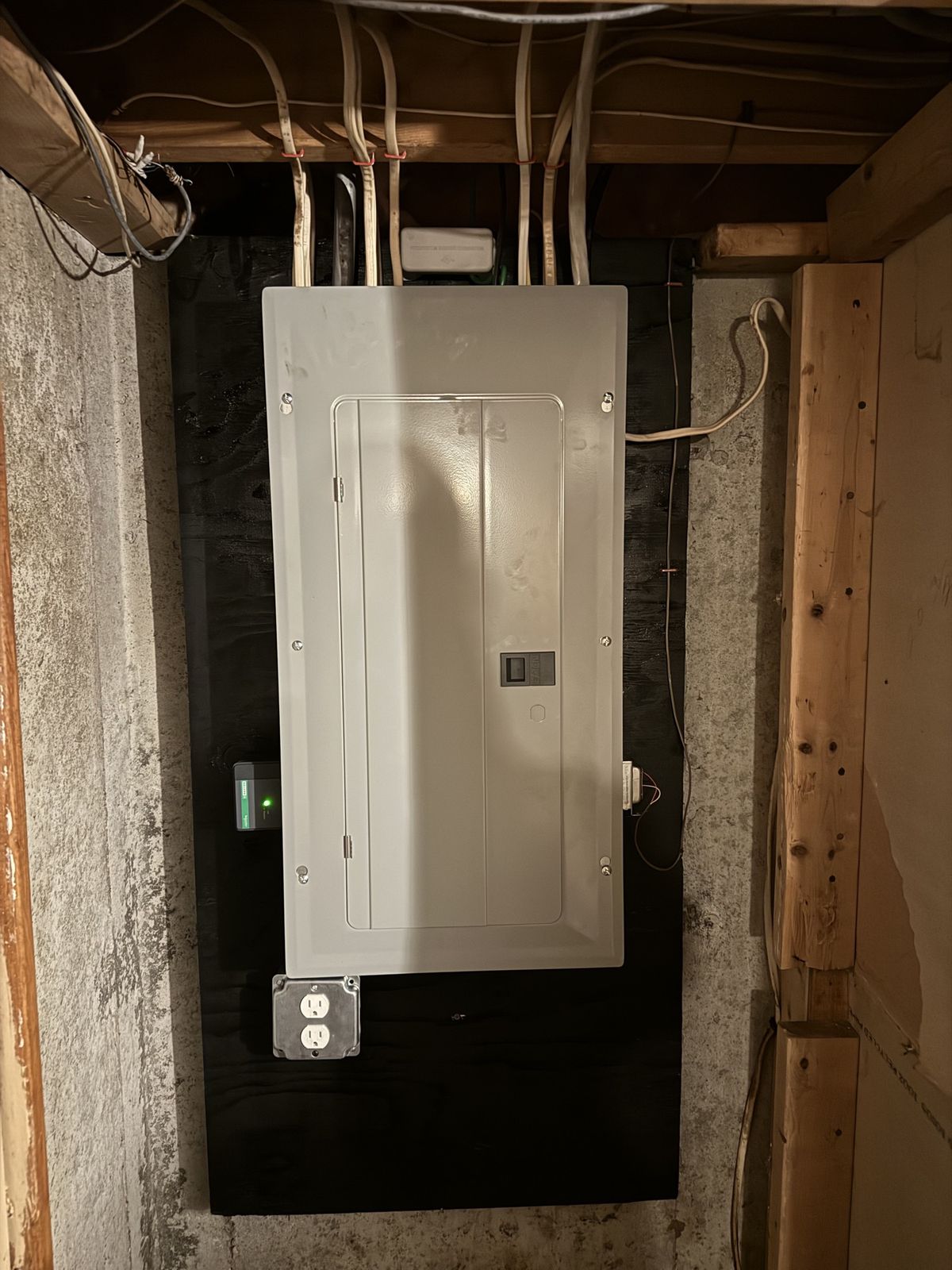Finished load center mounted on a painted backboard